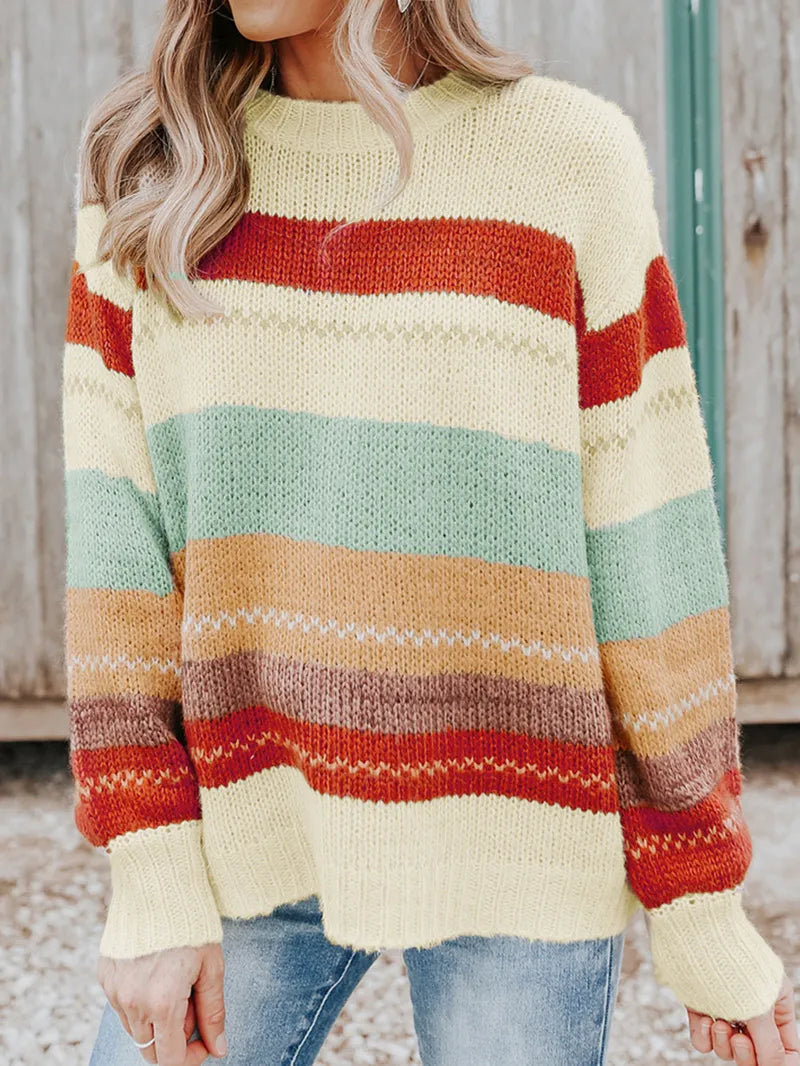 Crew Neck Drop-shoulder Striped Color Block Sweater