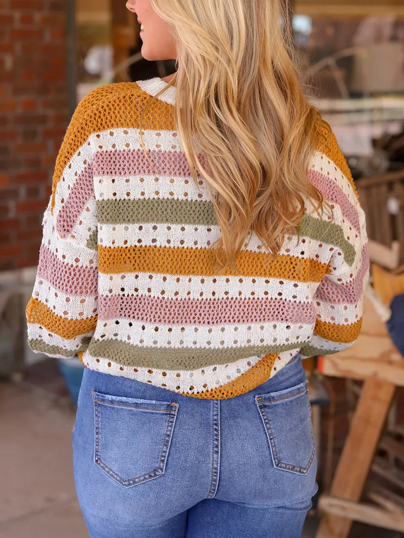 Multicolor Striped Hollowed Knitted Loose Sweater