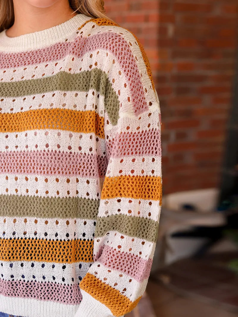 Multicolor Striped Hollowed Knitted Loose Sweater