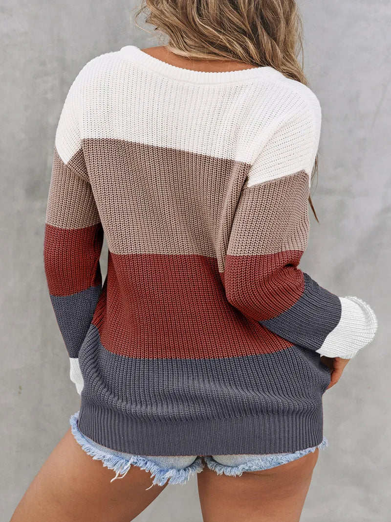 Color Block Knitted O-neck Pullover Sweater